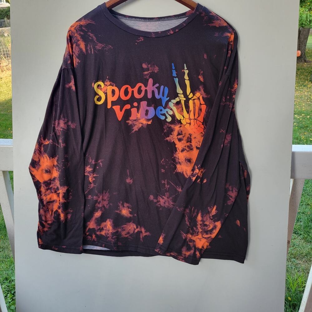 Spooky Vibes Ghost Halloween T Shirt Size L Black Short Sleeve Bleach Dyed Hanes